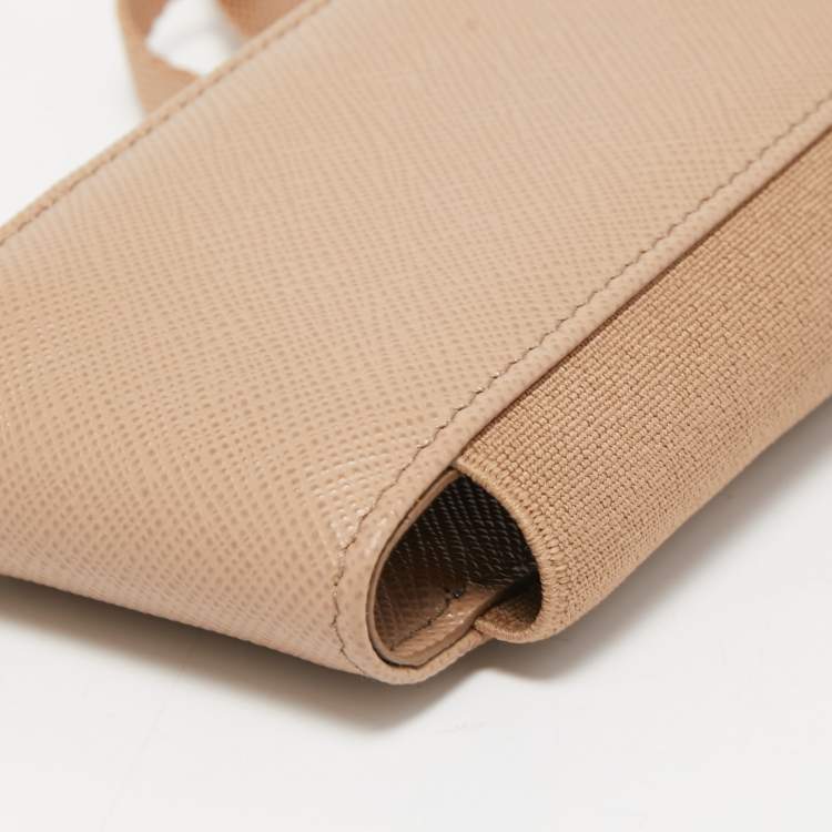 Pre Owned Prada Beige Saffiano Leather and Elastic Fabric Lanyard Phone Case