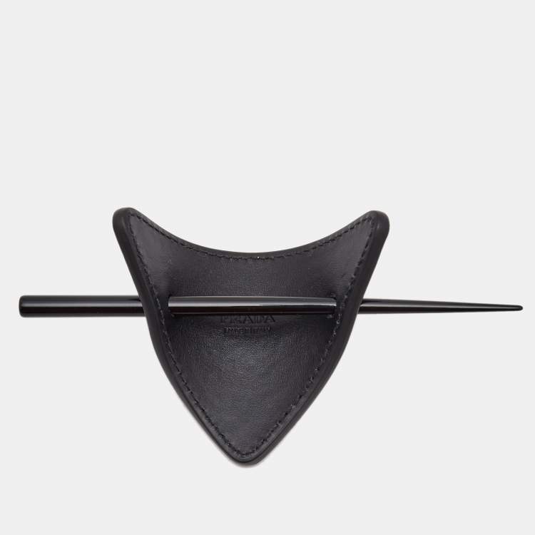 Pre Owned Prada Black Leather Resin Silver Tone Hair Clasp