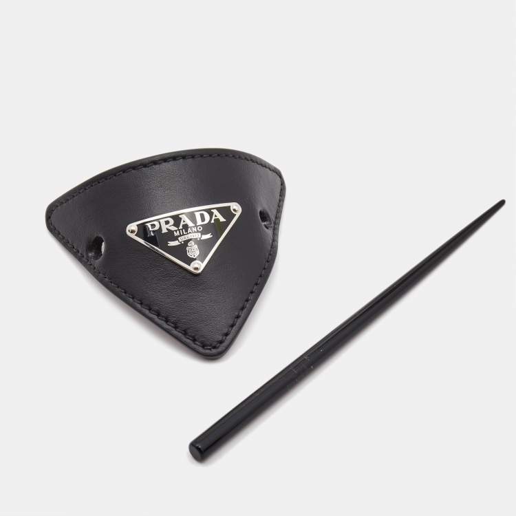 Pre Owned Prada Black Leather Resin Silver Tone Hair Clasp