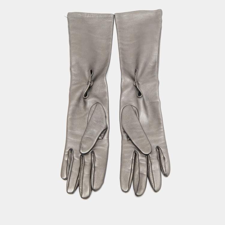 Pre Owned Prada Metallic Silver Leather Long Gloves Size 7.5