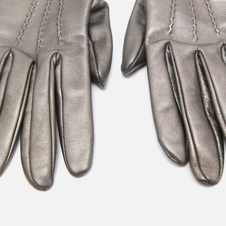 Pre Owned Prada Metallic Silver Leather Long Gloves Size 7.5