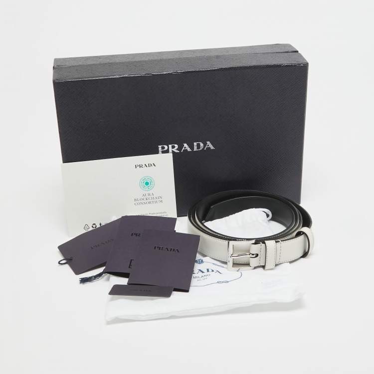 Pre Owned Prada White Leather Slim Belt 80 CM