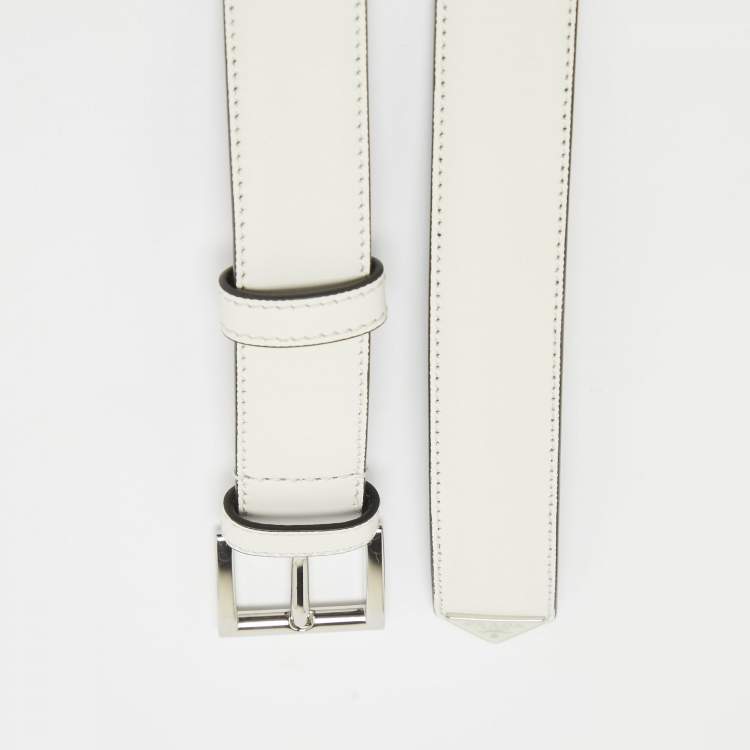 Pre Owned Prada White Leather Slim Belt 80 CM
