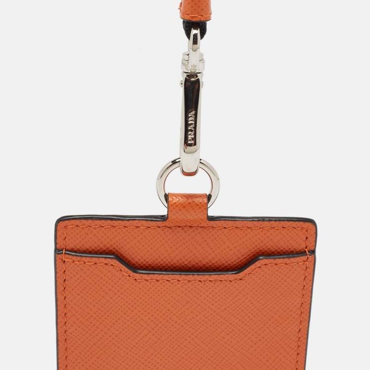 Pre Owned Prada Orange Saffiano Leather Badge Holder