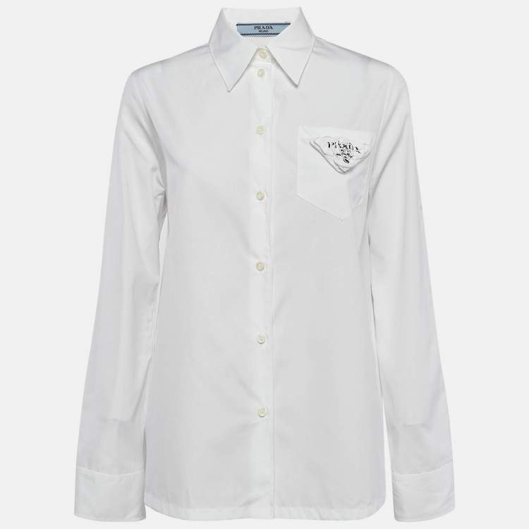 Pre Owned Prada White Poplin Logo Applique Detail Shirt M