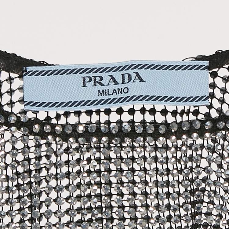 Pre Owned Prada Black Rhinestone Mesh Sheer Crop Top M