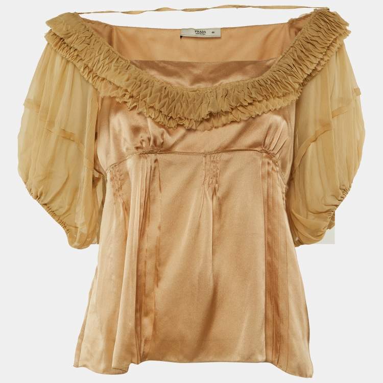 Pre Owned Prada Beige Silk Satin Ruffled Top L