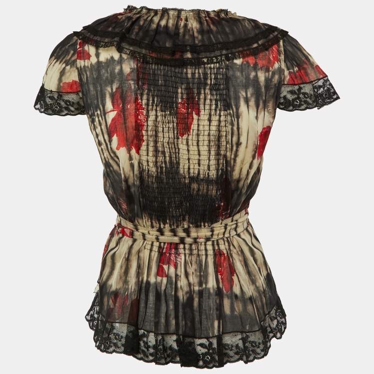 Pre Owned Prada Multicolor Printed Cotton Lace Trim Wrap Top L