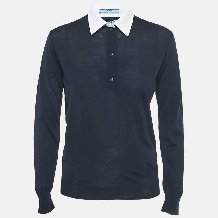 Pre Owned Prada Navy Blue  Wool Knit Contrast Collar Pullover XS