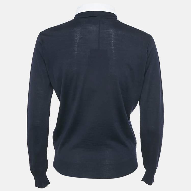Pre Owned Prada Navy Blue  Wool Knit Contrast Collar Pullover XS