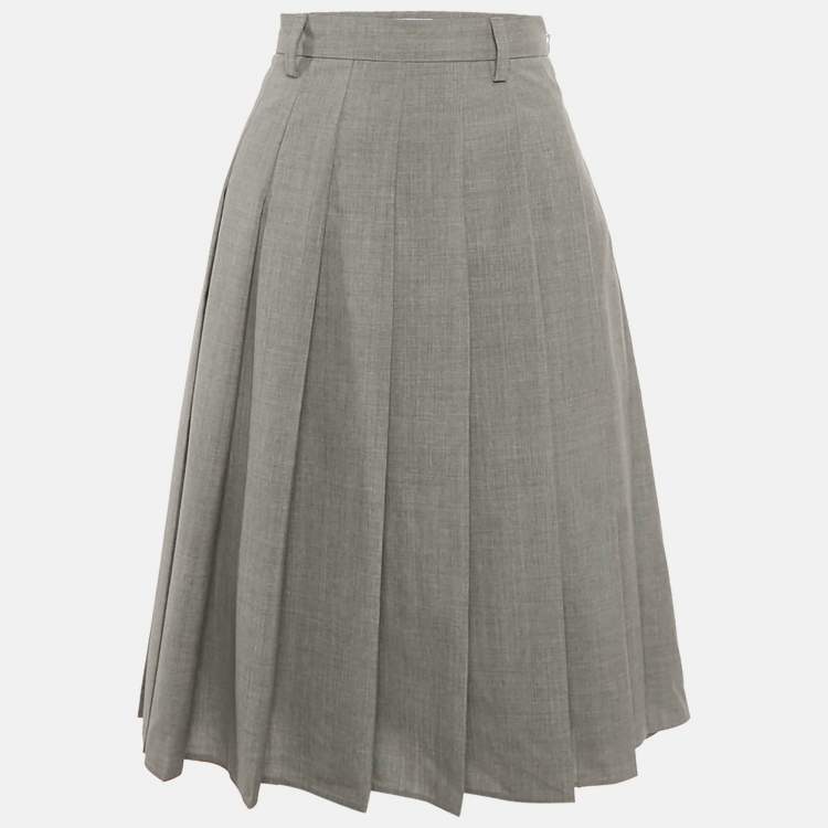 Pre Owned Prada Grey Wool Pleated Midi Skirt XS
