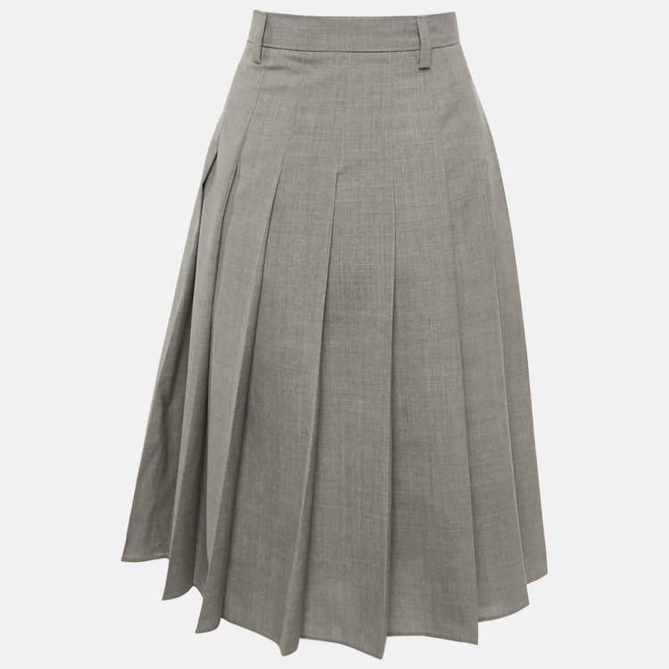 Pre Owned Prada Grey Wool Pleated Midi Skirt XS