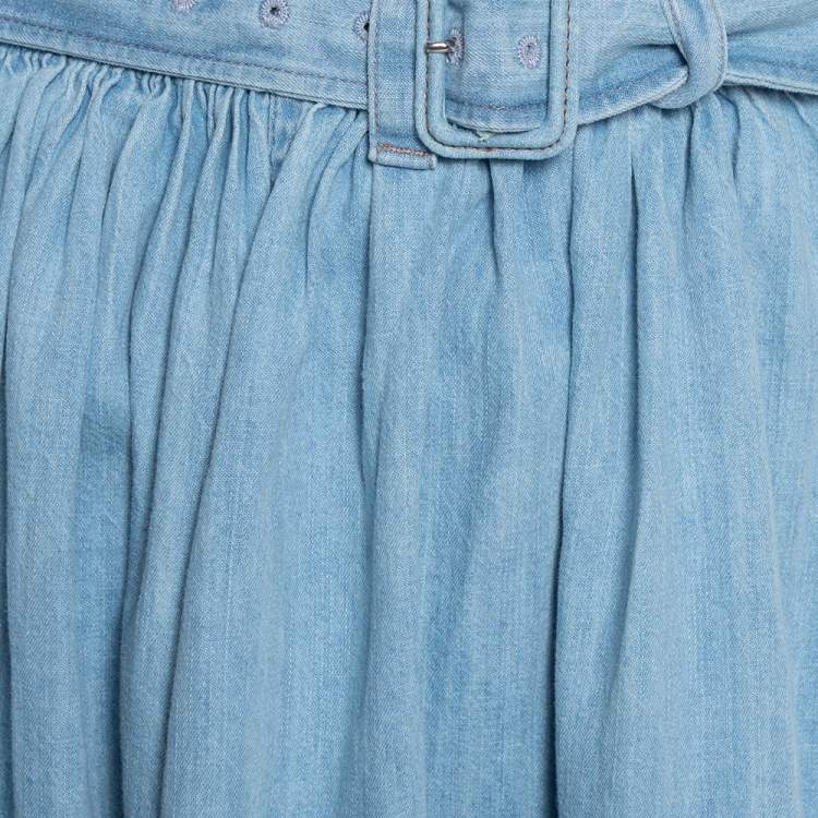 Pre Owned Prada Blue Denim Flared Belted Midi Skirt L