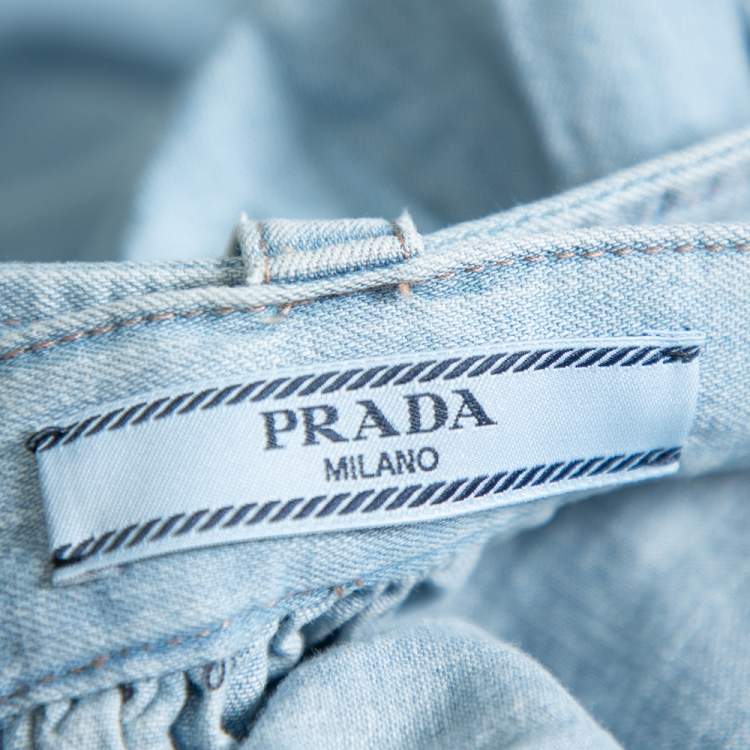Pre Owned Prada Blue Denim Flared Belted Midi Skirt L