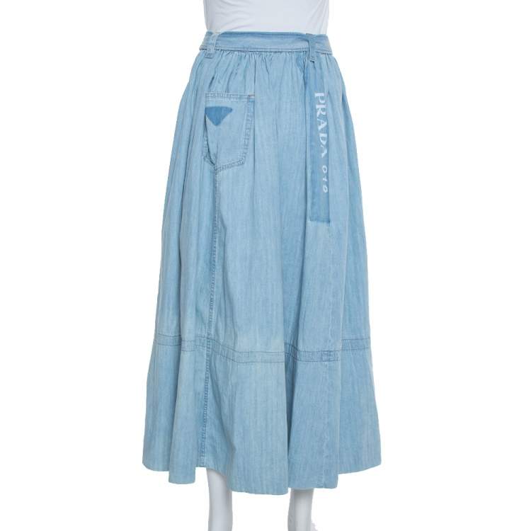 Pre Owned Prada Blue Denim Flared Belted Midi Skirt L