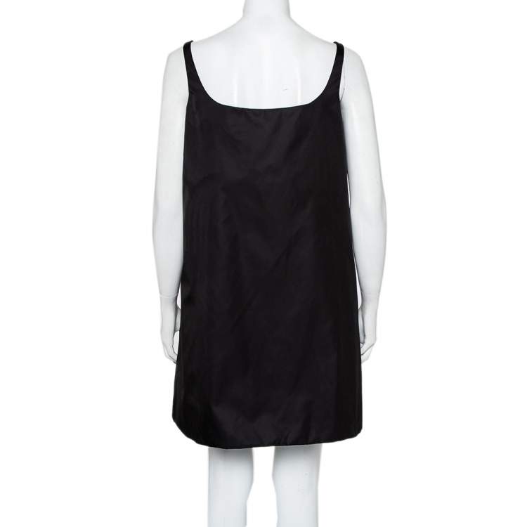 Pre Owned Prada Black Synthetic Logo Embossed Patch Pocket Detail Oversized Slip Dress S