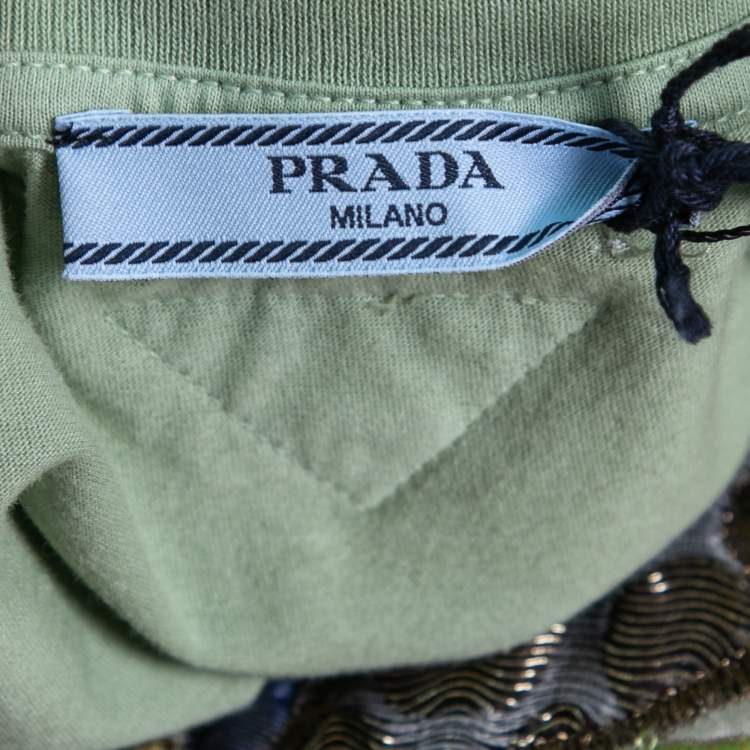 Pre Owned Prada Green Cotton Embroidered Embellished Short Sleeve T-Shirt M