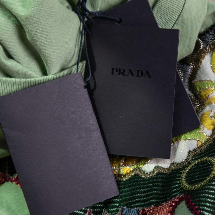 Pre Owned Prada Green Cotton Embroidered Embellished Short Sleeve T-Shirt M