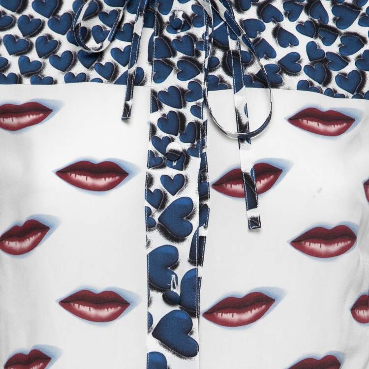 Pre Owned Prada White Lips & Hearts Print Silk Front Tie Neck Shirt S