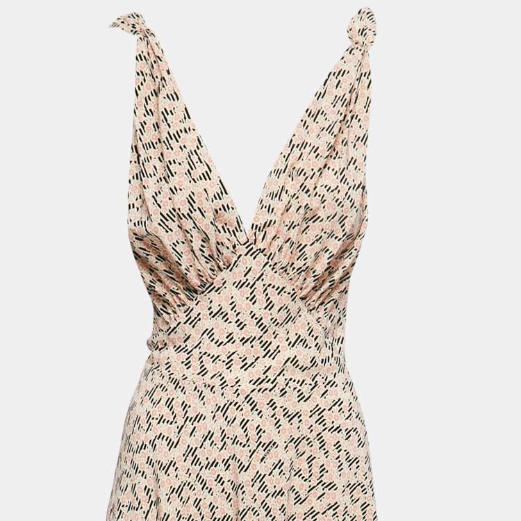 Pre Owned Prada Multicolor Printed Silk Plunge Neck Ramage Gown L 