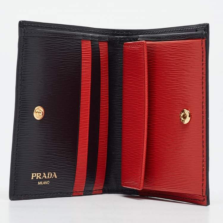 Pre Owned Prada Black/Red Vitello Move Leather Logo Bifold Compact Wallet