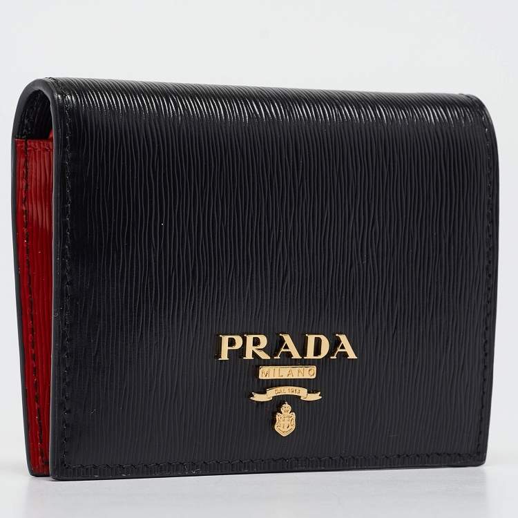 Pre Owned Prada Black/Red Vitello Move Leather Logo Bifold Compact Wallet