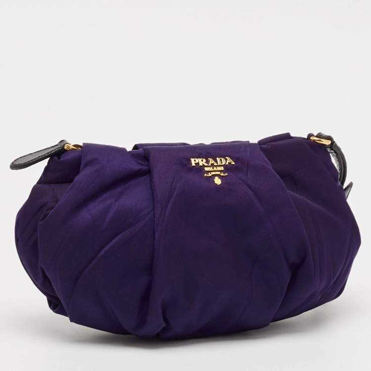 Pre Owned Prada Purple Pleated Nylon Wristlet Clutch