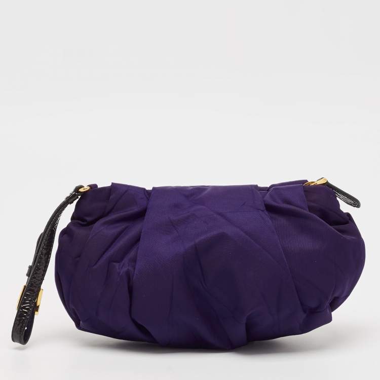 Pre Owned Prada Purple Pleated Nylon Wristlet Clutch
