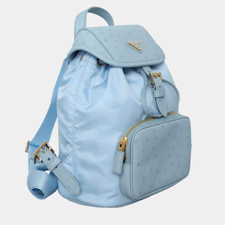 Pre Owned Prada Sky Blue Nylon and Ostrich Leather Backpack