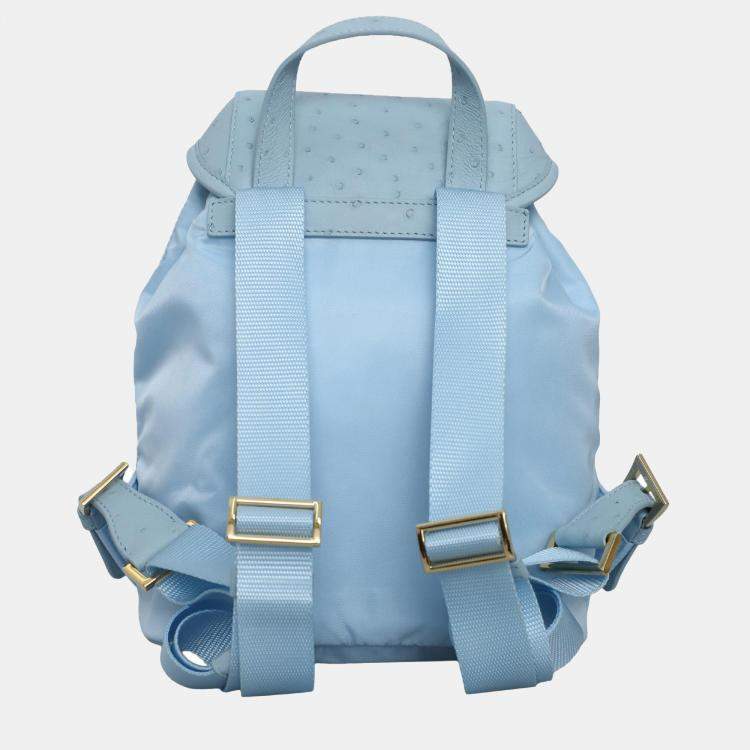 Pre Owned Prada Sky Blue Nylon and Ostrich Leather Backpack