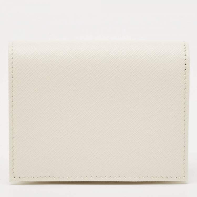 Pre Owned Prada White Saffiano Leather Logo Flap Card Case