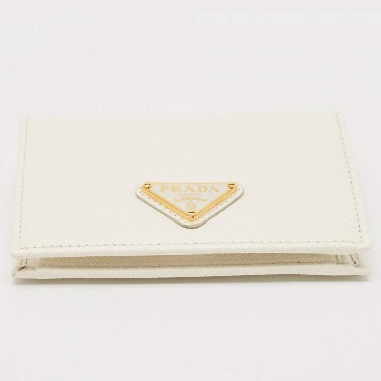 Pre Owned Prada White Saffiano Leather Logo Flap Card Case