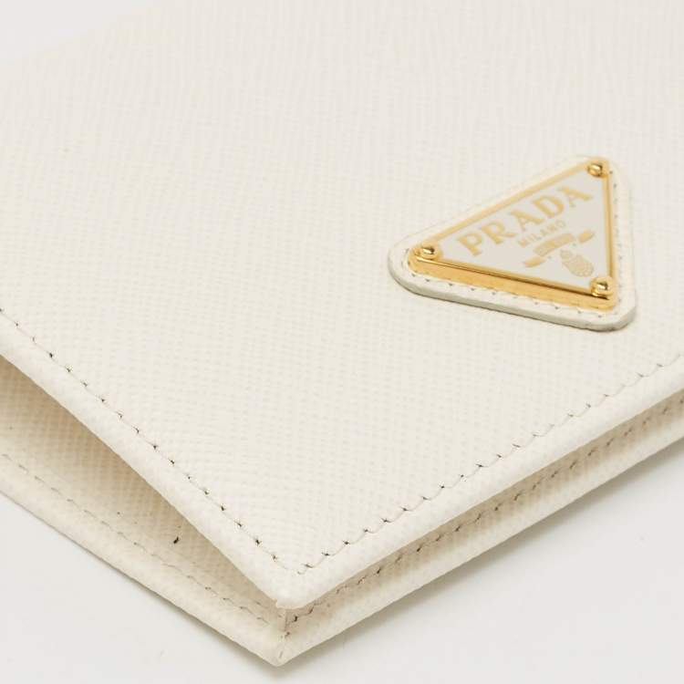 Pre Owned Prada White Saffiano Leather Logo Flap Card Case