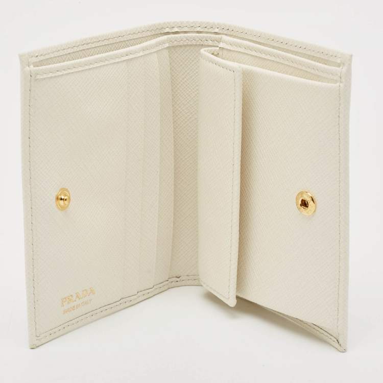 Pre Owned Prada White Saffiano Leather Logo Flap Card Case
