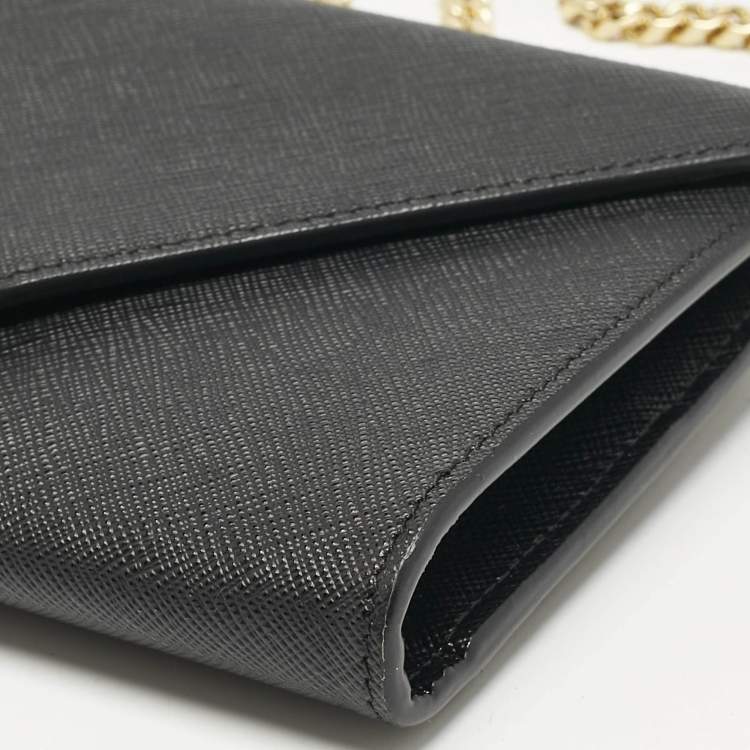 Pre Owned Prada Black Saffiano Triang Leather Envelope Chain Clutch