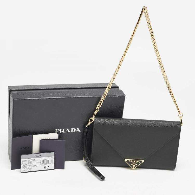 Pre Owned Prada Black Saffiano Triang Leather Envelope Chain Clutch