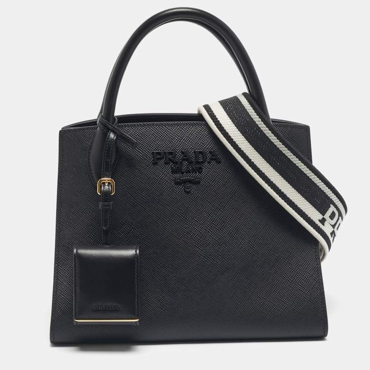 Pre Owned Prada Black Saffiano Cuir Leather Small Monochrome Tote