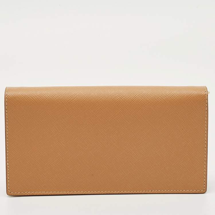 Pre Owned Prada Tan Saffiano Metal Leather Tringale Logo Flap Wallet On Strap