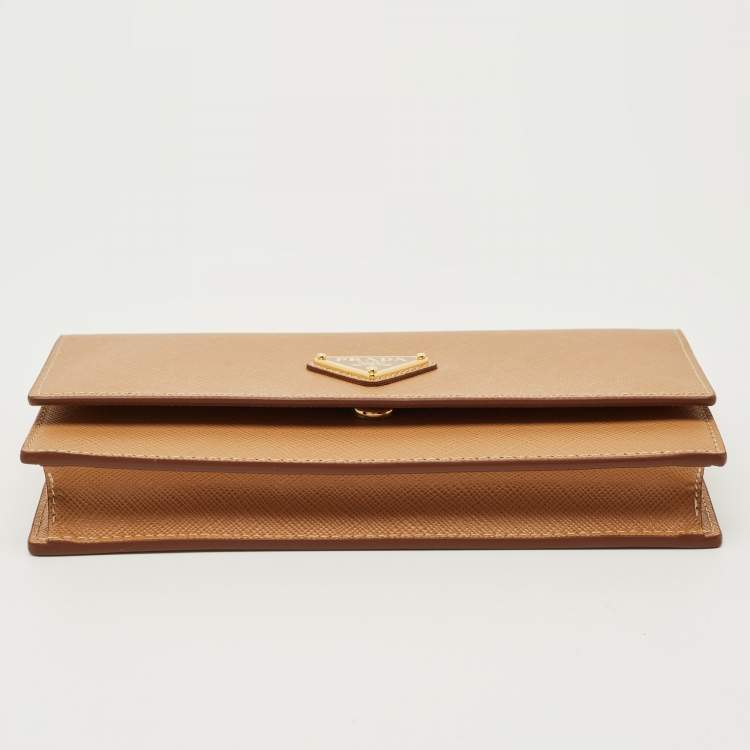 Pre Owned Prada Tan Saffiano Metal Leather Tringale Logo Flap Wallet On Strap