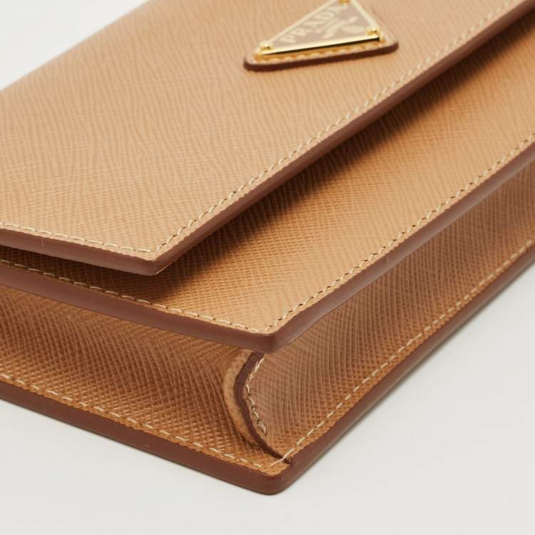 Pre Owned Prada Tan Saffiano Metal Leather Tringale Logo Flap Wallet On Strap