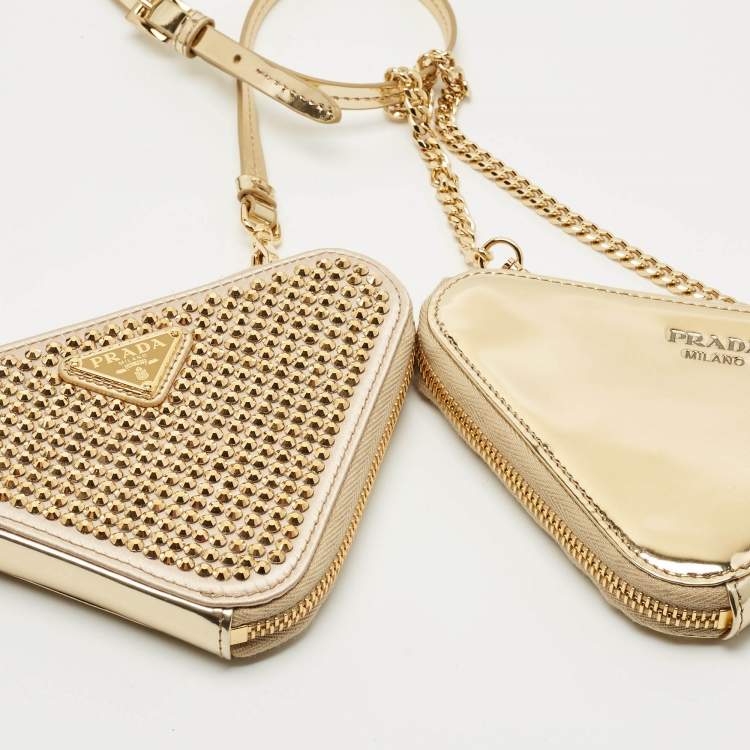 Pre Owned Prada Gold Leather and Satin Crystal Embellished Mini Triangle Pouch