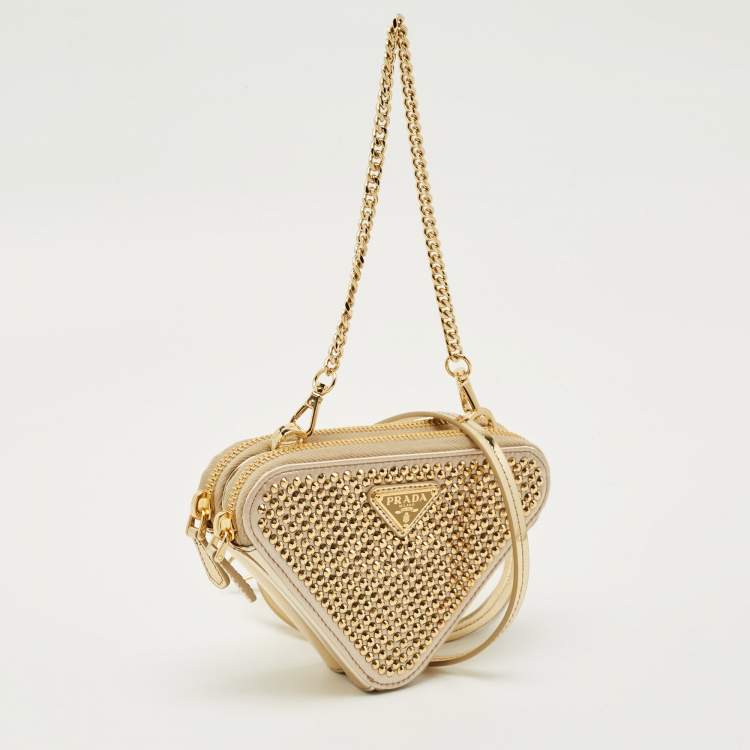 Pre Owned Prada Gold Leather and Satin Crystal Embellished Mini Triangle Pouch