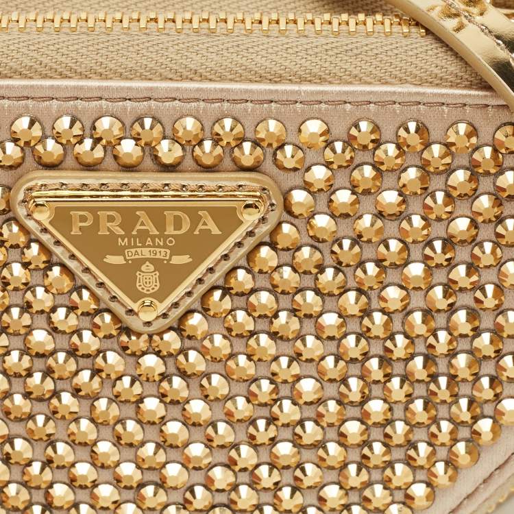 Pre Owned Prada Gold Leather and Satin Crystal Embellished Mini Triangle Pouch