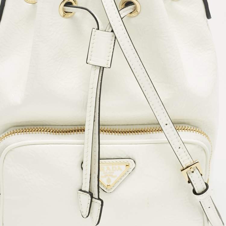 Pre Owned Prada White Patent Leather Duet Bucket Bag