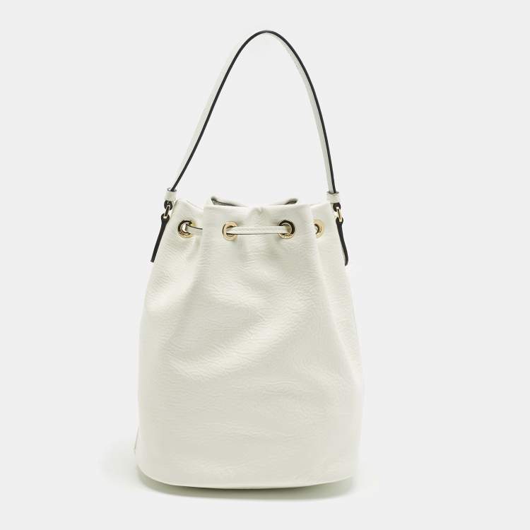Pre Owned Prada White Patent Leather Duet Bucket Bag