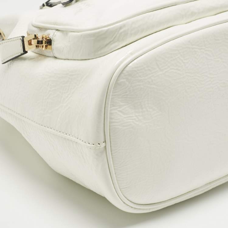 Pre Owned Prada White Patent Leather Duet Bucket Bag