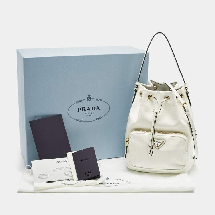 Pre Owned Prada White Patent Leather Duet Bucket Bag
