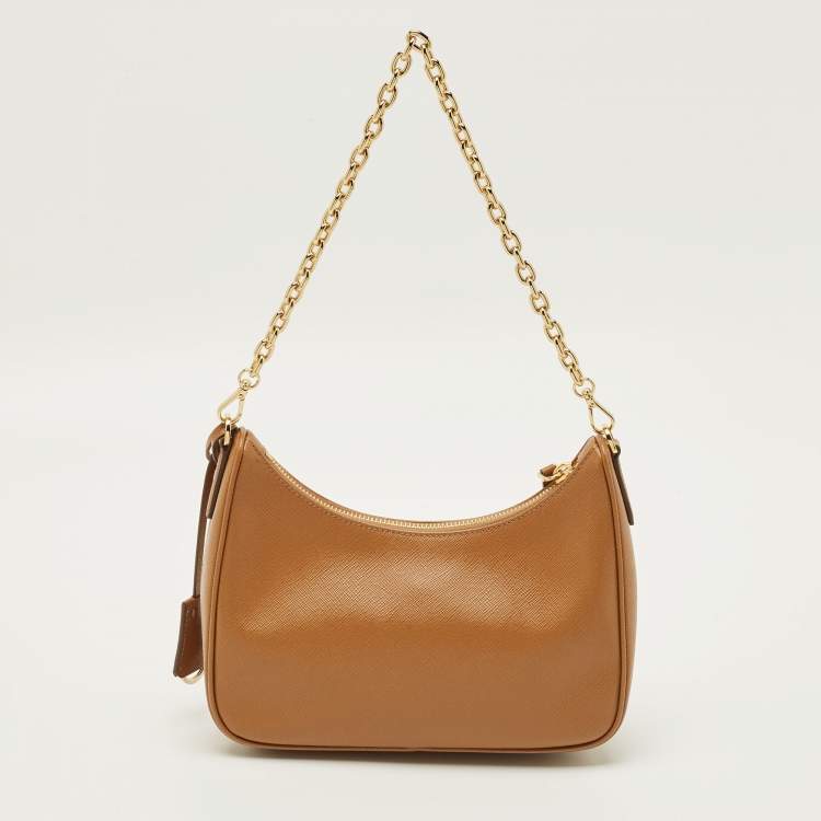 Pre Owned حقيبة كتف برادا إصدار مُعاد 2005 جلد سافيانو بني