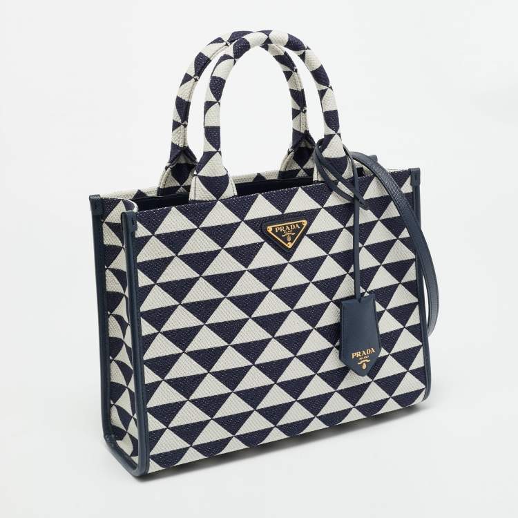 Pre Owned Prada Symbole Small Navy Blue/Chalk White Triangle Jacquard Canvas Tote