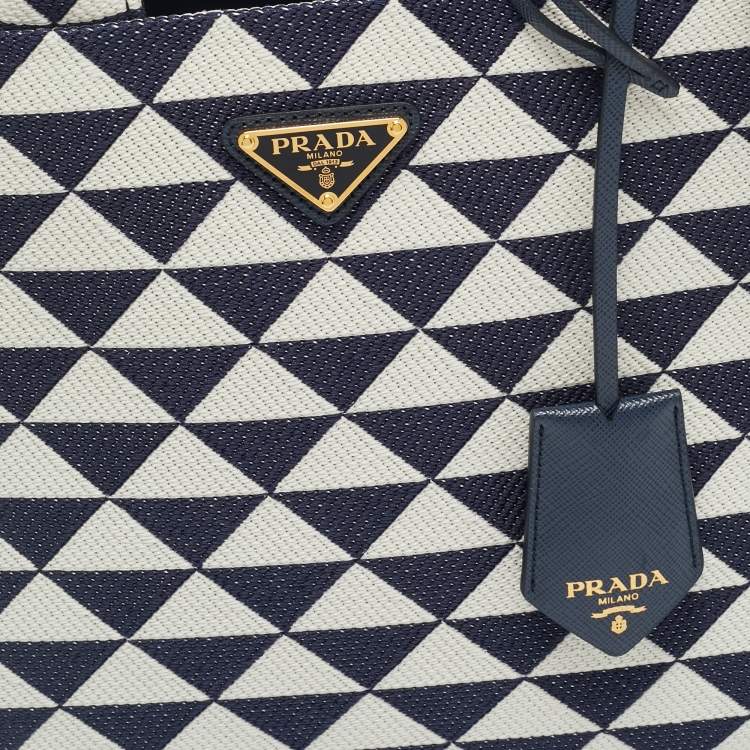 Pre Owned Prada Symbole Small Navy Blue/Chalk White Triangle Jacquard Canvas Tote